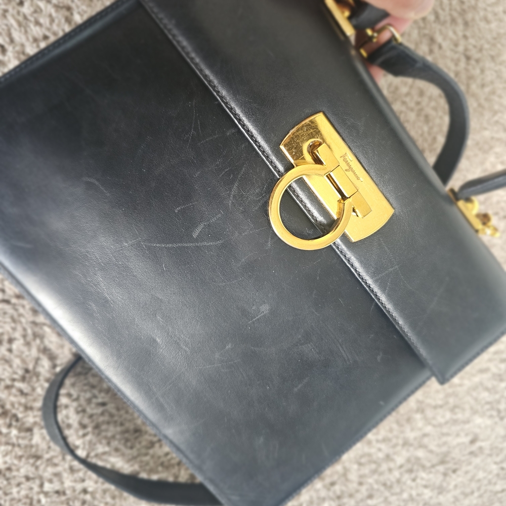 Salvatore Ferragamo Gancini Dark Navy  Satchel with Gold Hardware - Picture 4 of 12